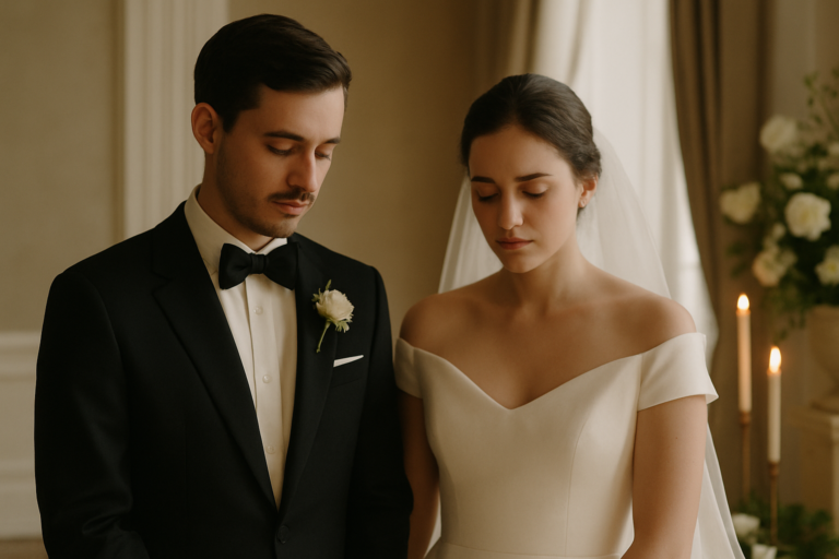 A bride and groom stand side by side indoors, eyes closed, dressed in formal wedding attire with neutral expressions, beautifully capturing emotional wedding moments in a quiet, heartfelt scene.