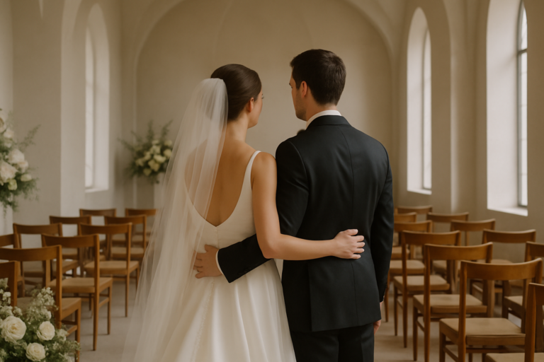 A bride and groom stand arm in arm facing away in an empty, softly lit chapel with rows of wooden chairs and floral arrangements—a serene moment perfect for any wedding photography timeline guide.