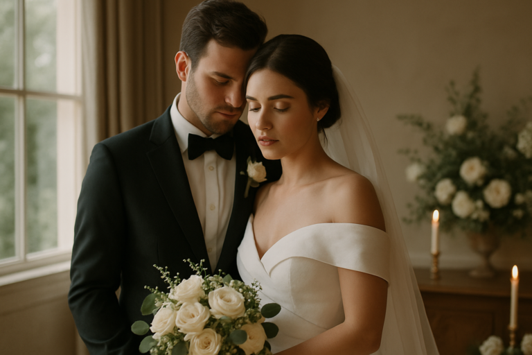 A bride in an off-the-shoulder white gown and a groom in a black tuxedo stand closely together indoors, holding a bouquet of white roses—an elegant moment for any wedding photography timeline guide.