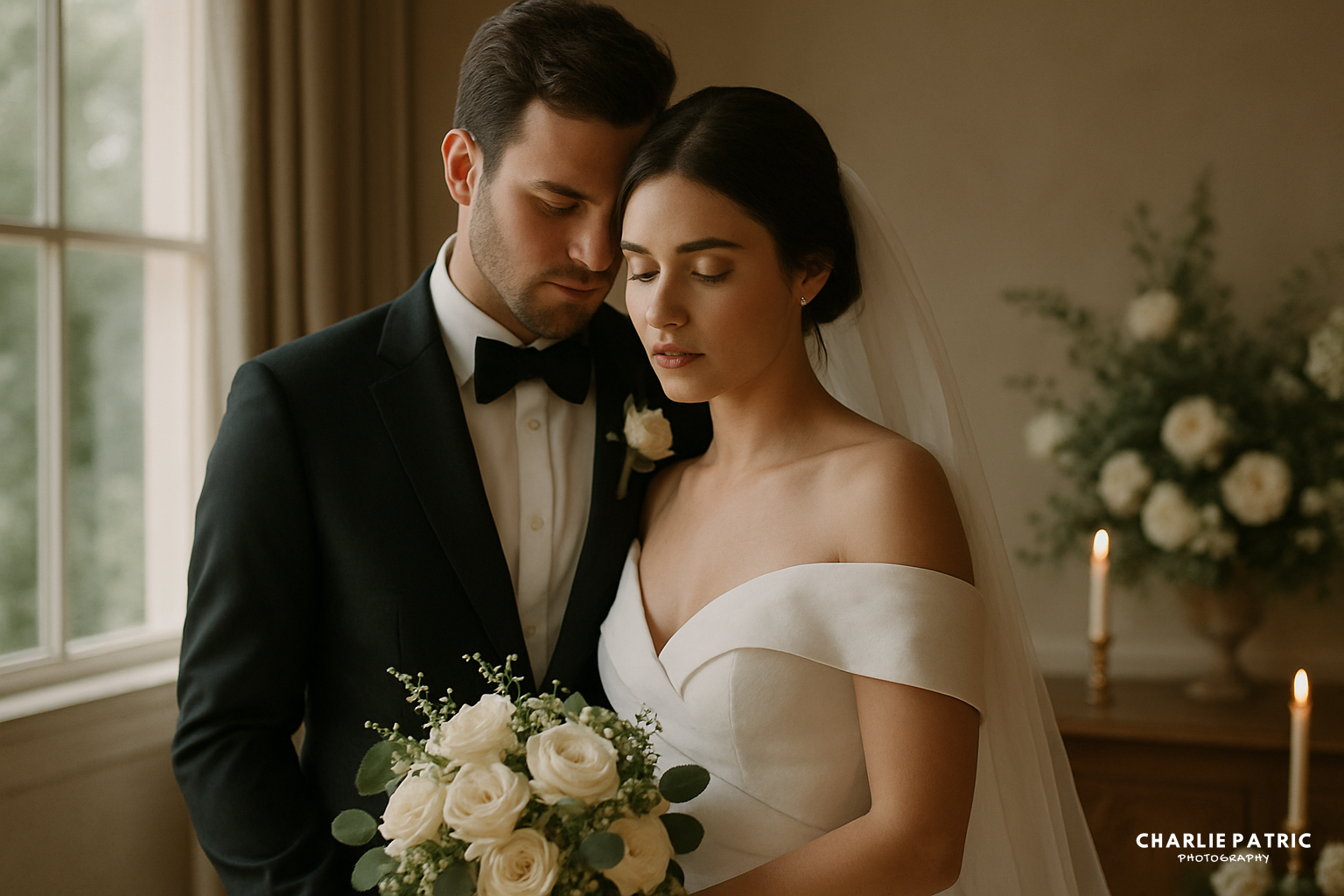A bride in an off-the-shoulder white gown and a groom in a black tuxedo stand closely together indoors, holding a bouquet of white roses—an elegant moment for any wedding photography timeline guide.