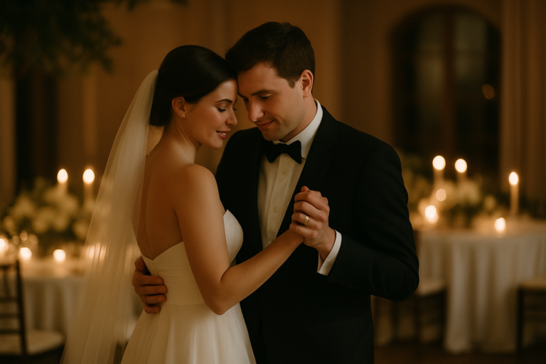 A bride and groom in formal attire share a quiet dance in a dimly lit room, with candles and decorated tables in the background, capturing emotional wedding moments.