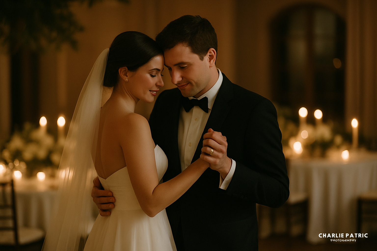 A bride and groom in formal attire share a quiet dance in a dimly lit room, with candles and decorated tables in the background, capturing emotional wedding moments.