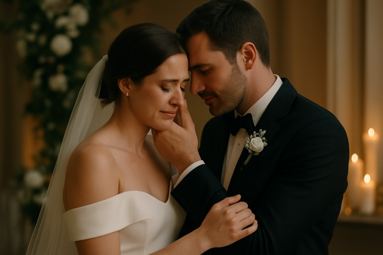 Capturing emotional wedding moments, a bride and groom in formal attire share a heartfelt embrace indoors, surrounded by the warm glow of candles and delicate flowers.