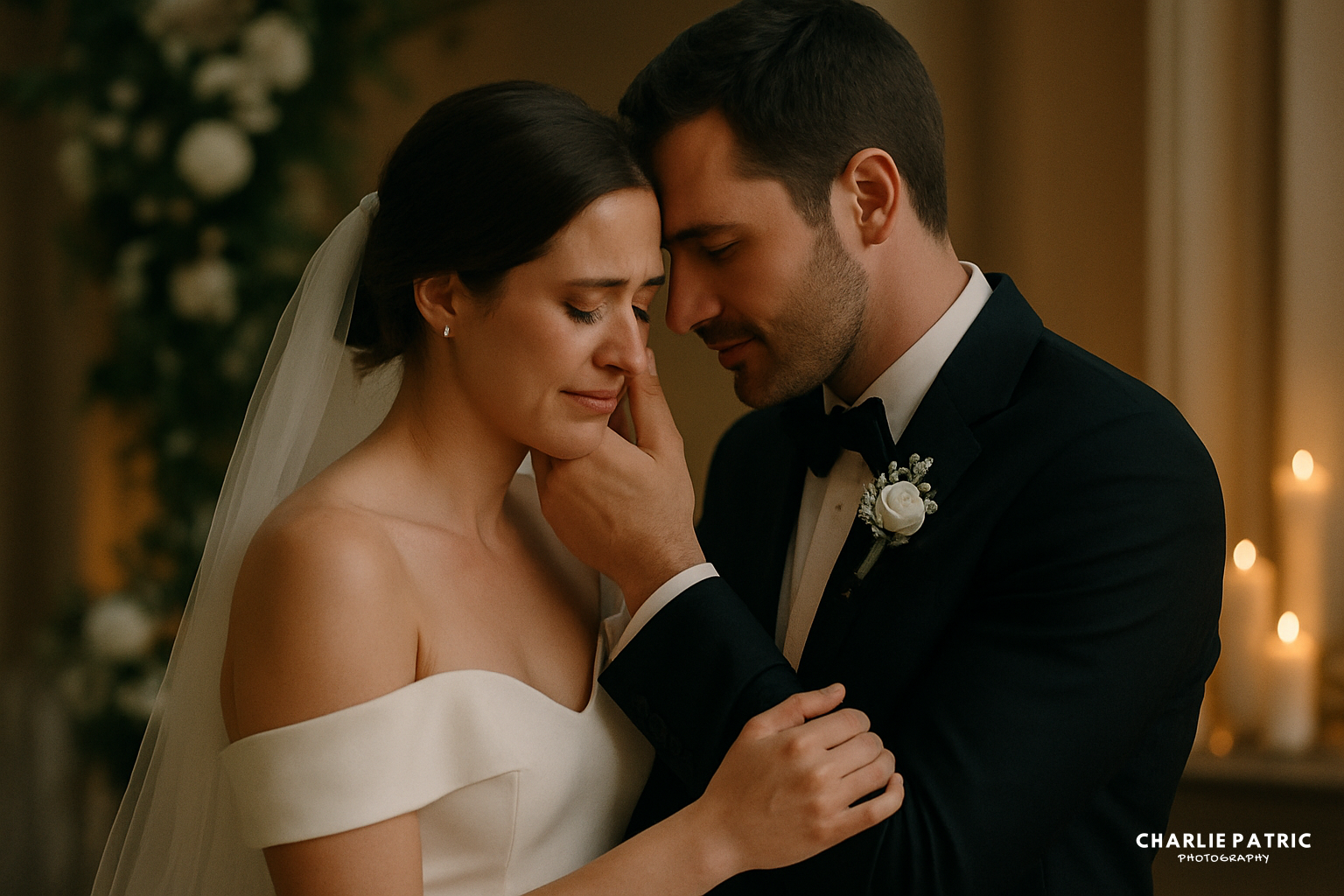 Capturing emotional wedding moments, a bride and groom in formal attire share a heartfelt embrace indoors, surrounded by the warm glow of candles and delicate flowers.