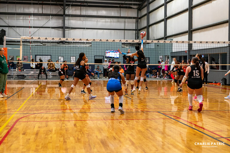 Indoor volleyball game in progress; players in black uniforms prepare to block a spike while spectators watch from the bleachers—perfect action for youth sports photography services.