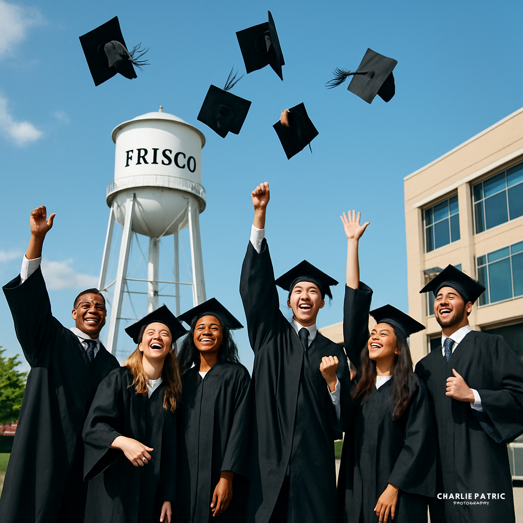 Six graduates in caps and gowns celebrate, showing off joyful graduation photography poses as they toss their hats in the air near a "Frisco" water tower and a modern building.