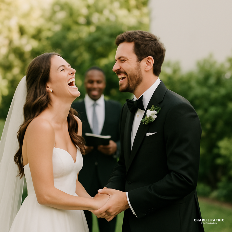 A bride and groom holding hands and laughing during their outdoor wedding ceremony, with the officiant standing behind them—captured beautifully by Frisco wedding photography services.