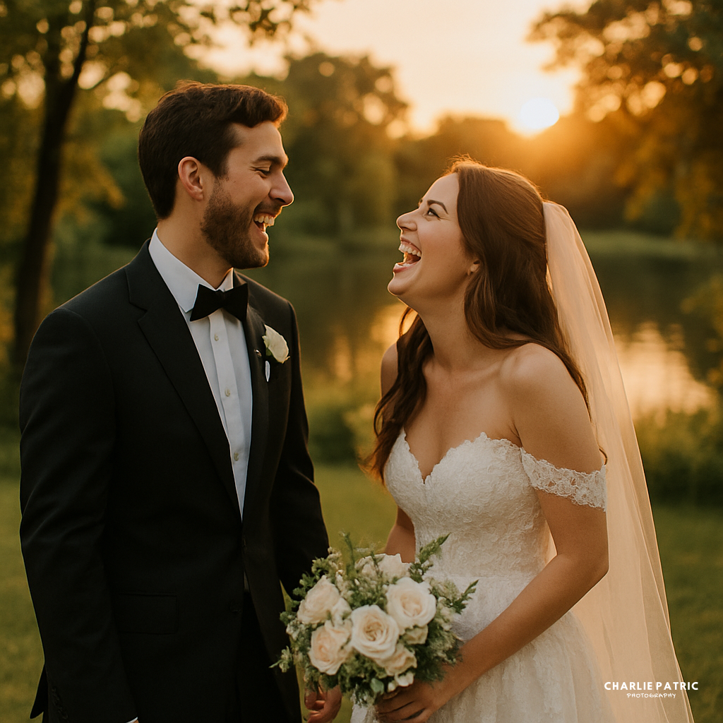 A bride and groom in formal wedding attire laugh together outdoors at sunset, with greenery and a lake in the background, beautifully captured by Frisco wedding photography services.