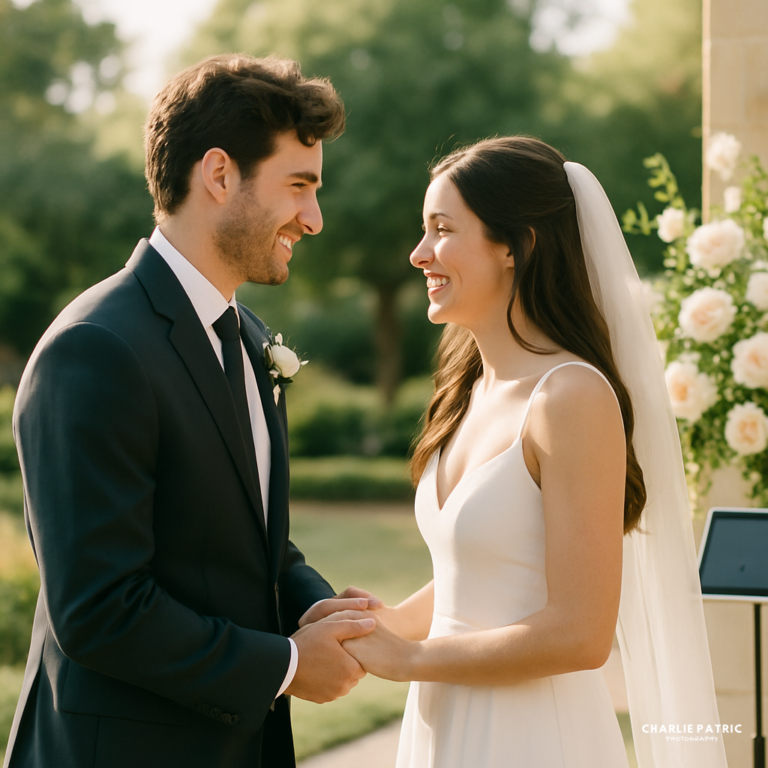 A bride and groom stand outdoors, holding hands and smiling at each other amid white flowers and greenery—captured beautifully by Frisco wedding photography services.