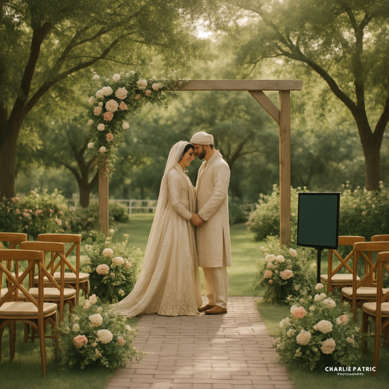 A bride and groom stand under a wooden arch decorated with flowers in an outdoor garden setting, holding hands and facing each other, beautifully captured by Frisco wedding photography services.
