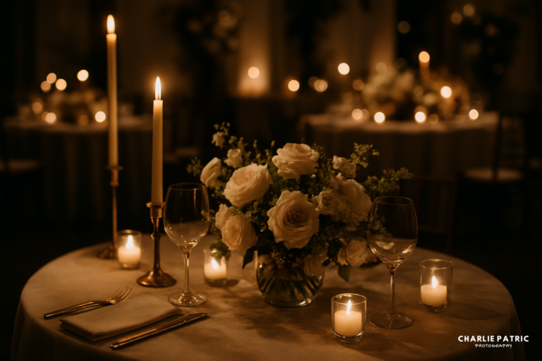 A round table set with white flowers, wine glasses, and lit candles in a dimly lit room decorated for an event or dinner, perfectly capturing the elegance and romance sought after by those interested in Frisco wedding photography services.