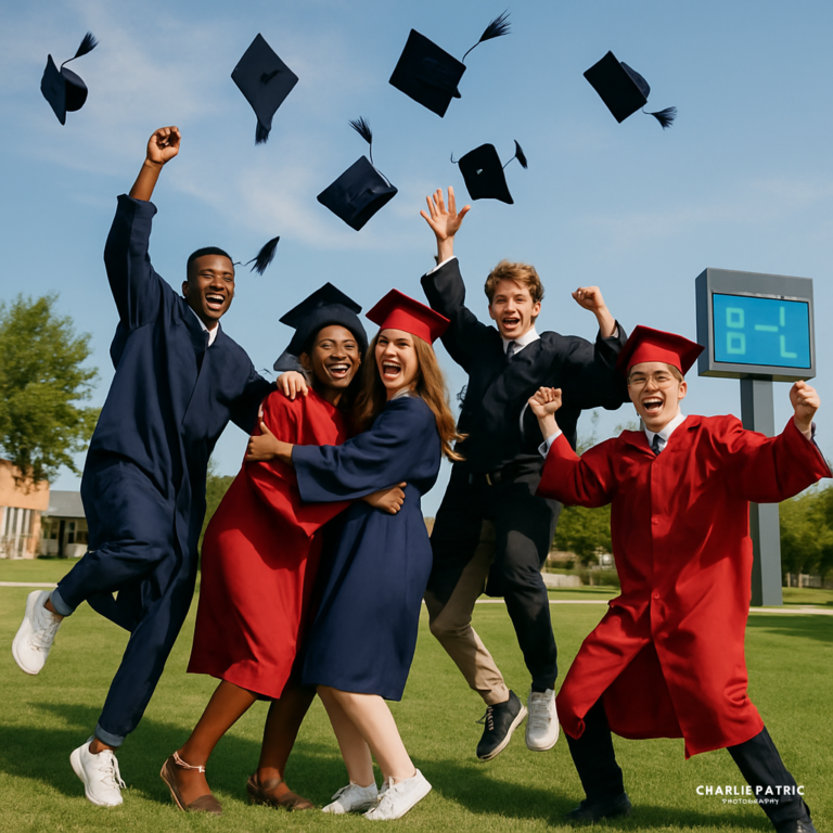 Five graduates in caps and gowns celebrate on a lawn, smiling and jumping, as graduation caps are tossed into the air. Showcasing fun graduation photography poses, this lively scene is set against a backdrop where a digital scoreboard stands visible in the distance.