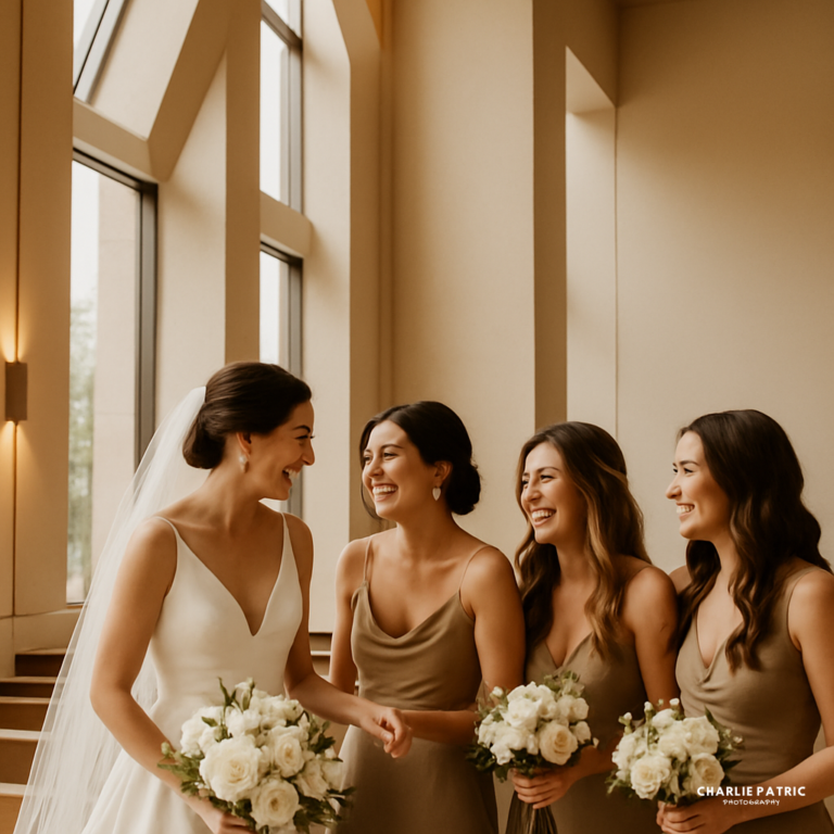 A bride in a white dress stands indoors with three bridesmaids in taupe dresses, all holding white flower bouquets and smiling at each other—a beautiful moment perfectly captured by Frisco wedding photography services.