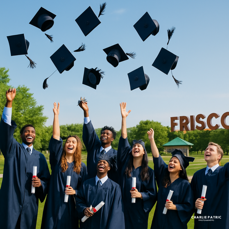 A group of graduates in caps and gowns celebrate with classic graduation photography poses, tossing their mortarboards and holding diplomas aloft outside, with "Frisco" visible in the background.