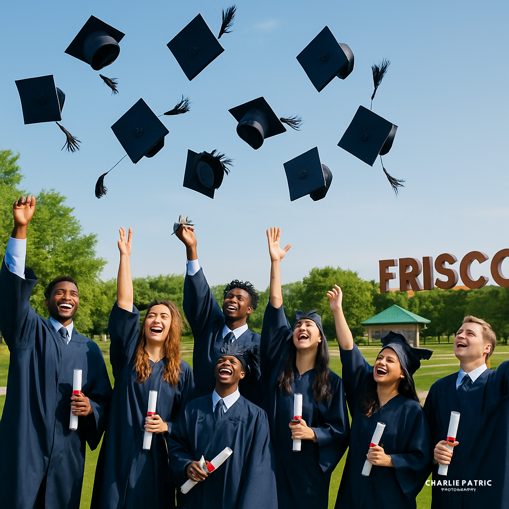 A group of graduates in caps and gowns celebrate with classic graduation photography poses, tossing their mortarboards and holding diplomas aloft outside, with "Frisco" visible in the background.
