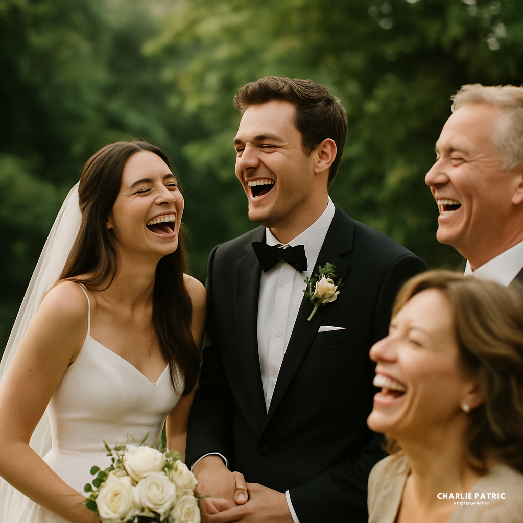 A bride and groom in formal attire laugh joyfully with two guests outdoors; the bride holds a bouquet of white roses, perfectly captured by Frisco wedding photography services.