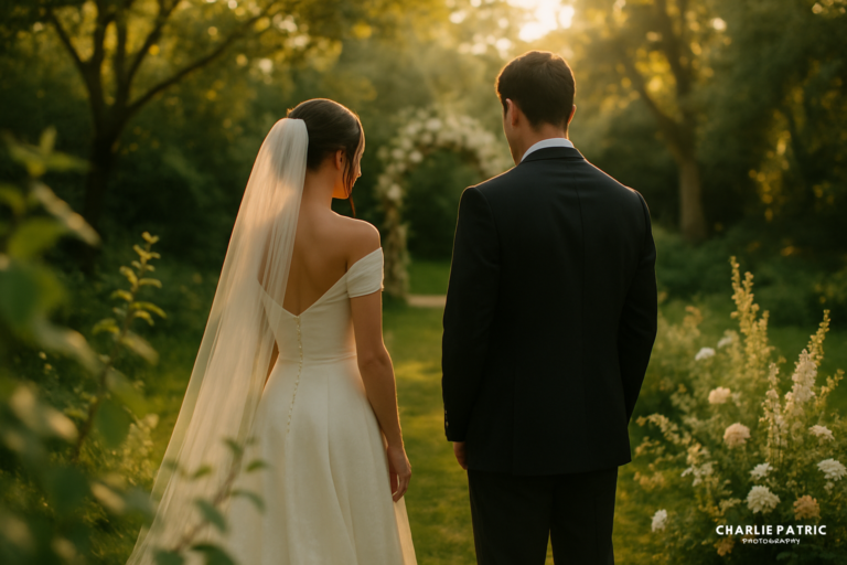 A bride and groom stand side by side outdoors, facing away in a sunlit garden surrounded by greenery and white flowers, beautifully captured through Frisco wedding photography services.