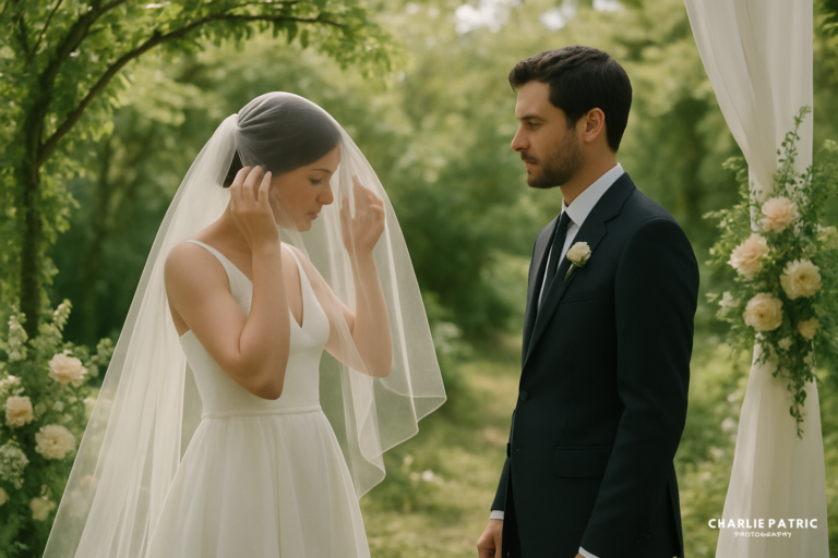 A bride adjusts her veil while standing next to a groom outdoors under a floral arch in a garden setting, beautifully captured by Frisco wedding photography services.